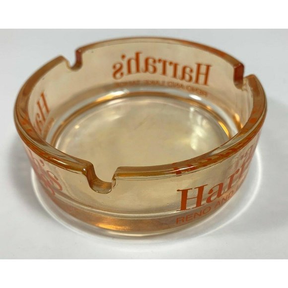 Harrahs Ashtray Hotel and Casino Souvenir Set Reno Lake Tahoe Orange Clear Glass - Picture 5 of 10